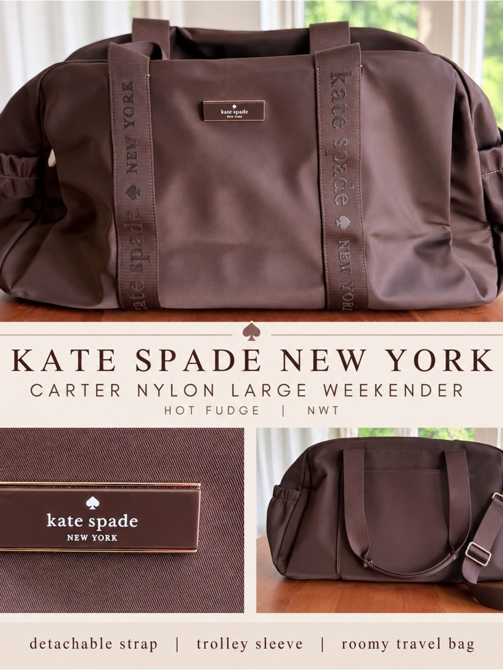 🤎 NWT Kate Spade Carter Nylon Large Weekender Hot Fudge KL968 - Picture 13 of 13